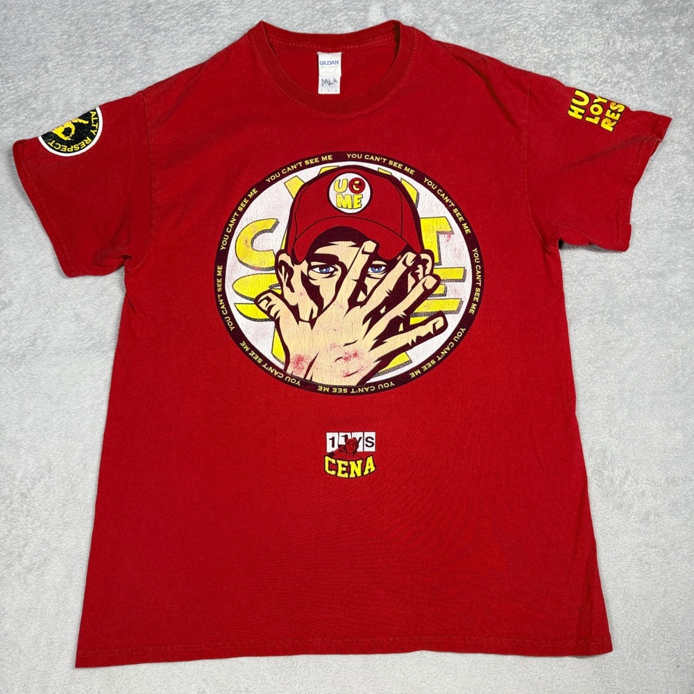 WWE John Cena T-Shirt Mens Medium Red You Can't See Me Never Give Up Graphic Tee